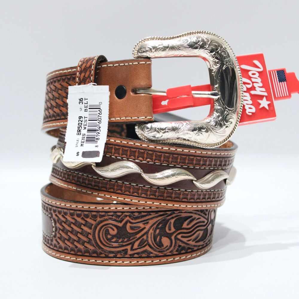 NWT Tony Lama Made in USA Brown Leather Western Belt Men Size 36 (44" x 1.5")